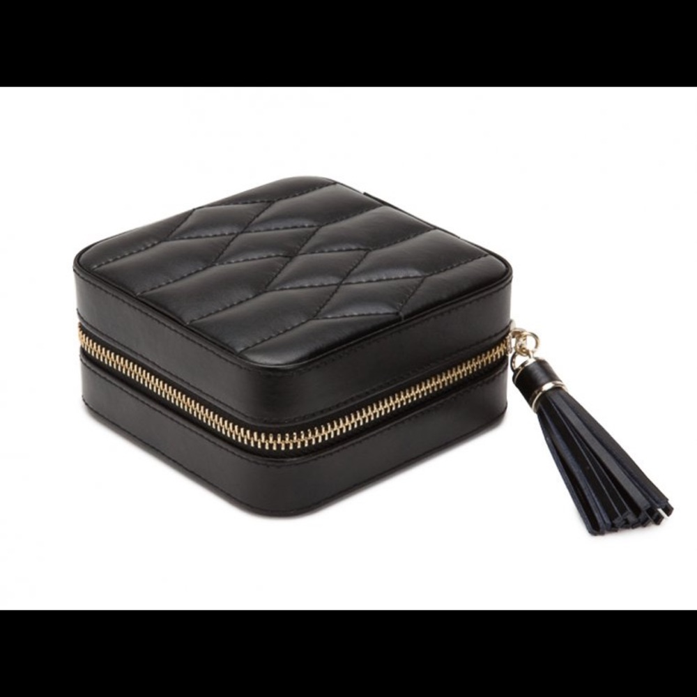 NWOT WOLF black leather quilted jewelry travel box.